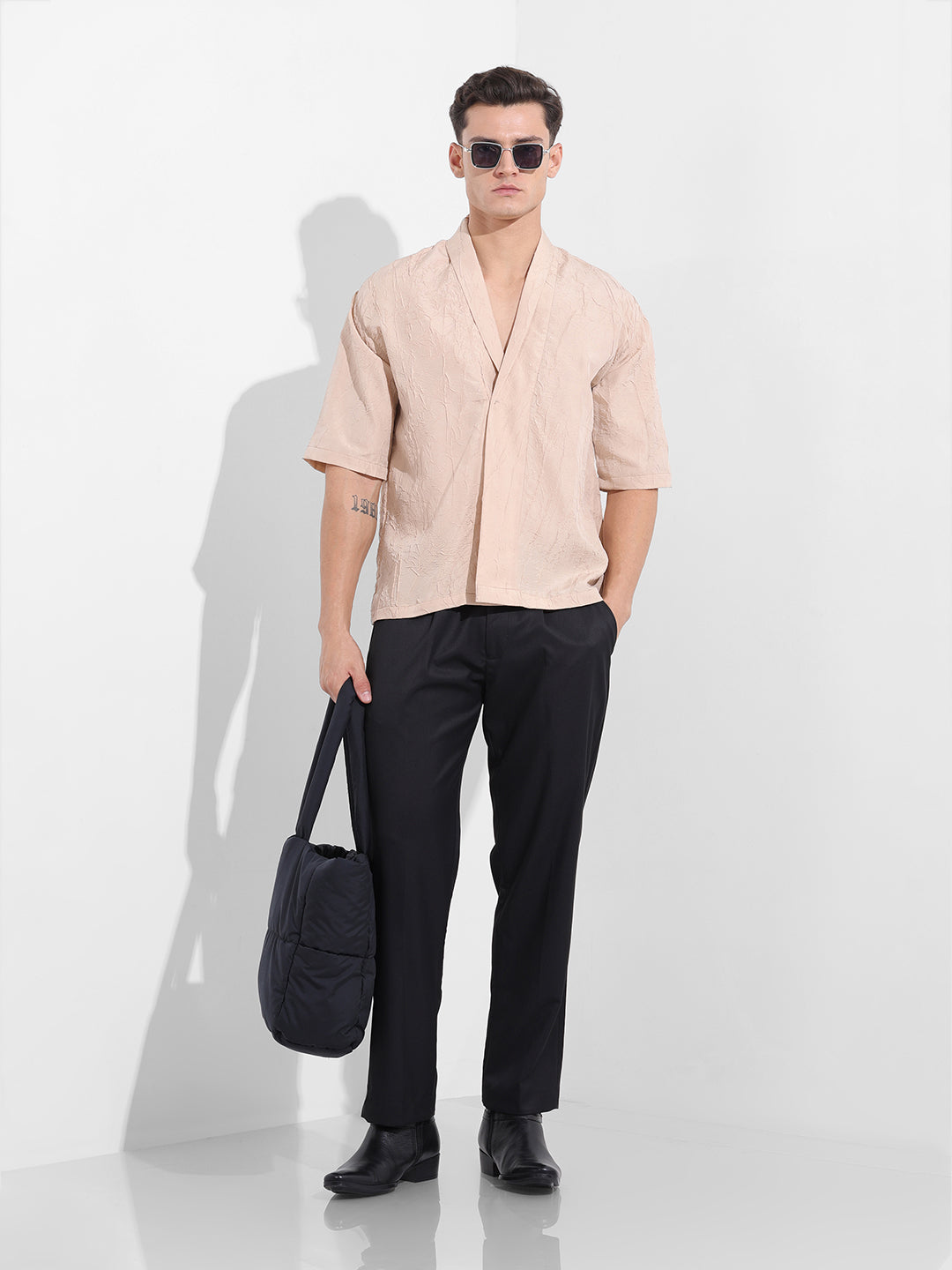 Men's Beige Relaxed Fit Textured Party Wear Shirt