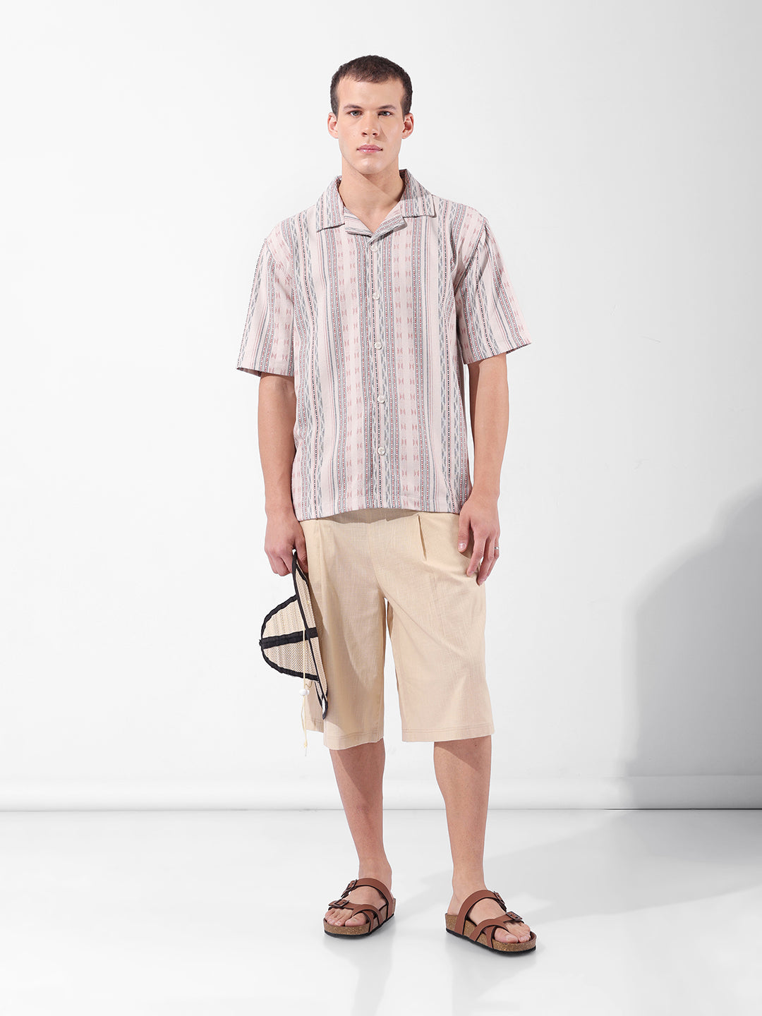 Men's Beige Relaxed Fit Striped Resort Wear Shirt