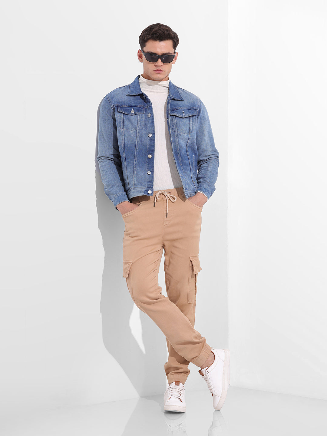 Men's Beige Regular Fit Solid Utility Jeans
