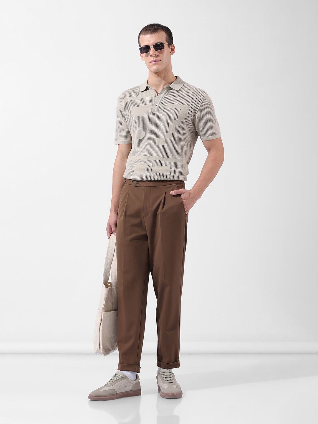 Men's Beige Slim Fit Textured Flat Knit Polo Collar T-Shirt