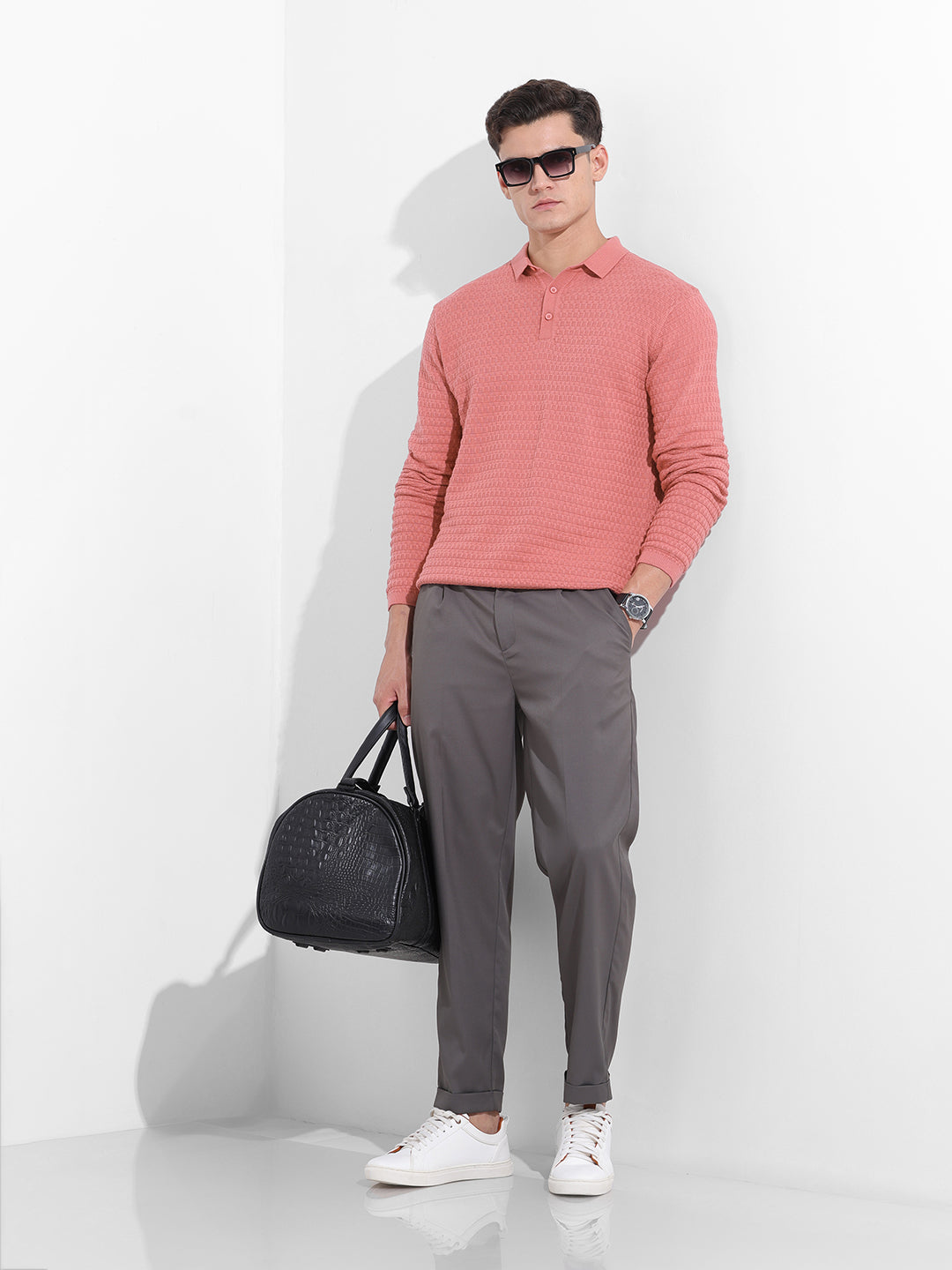 Men's Pink Slim Fit Textured Flat Knit Polo Collar T-Shirt