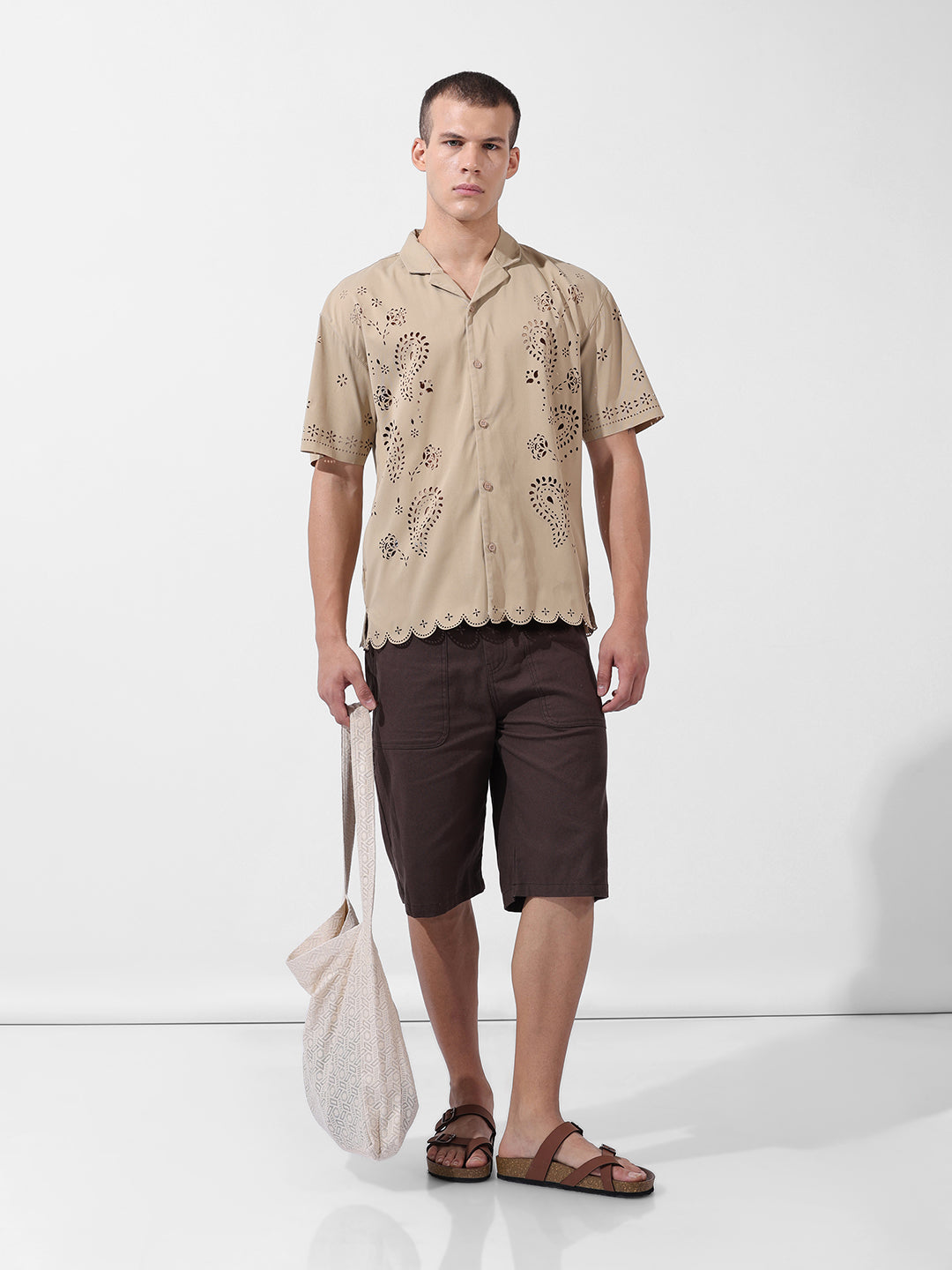 Men's Beige Relaxed Fit Solid Resort Wear Shirt