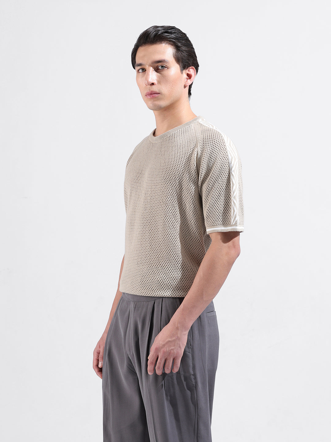 Men's Beige Oversized Fit Solid Flat Knit Crew Neck T-Shirt