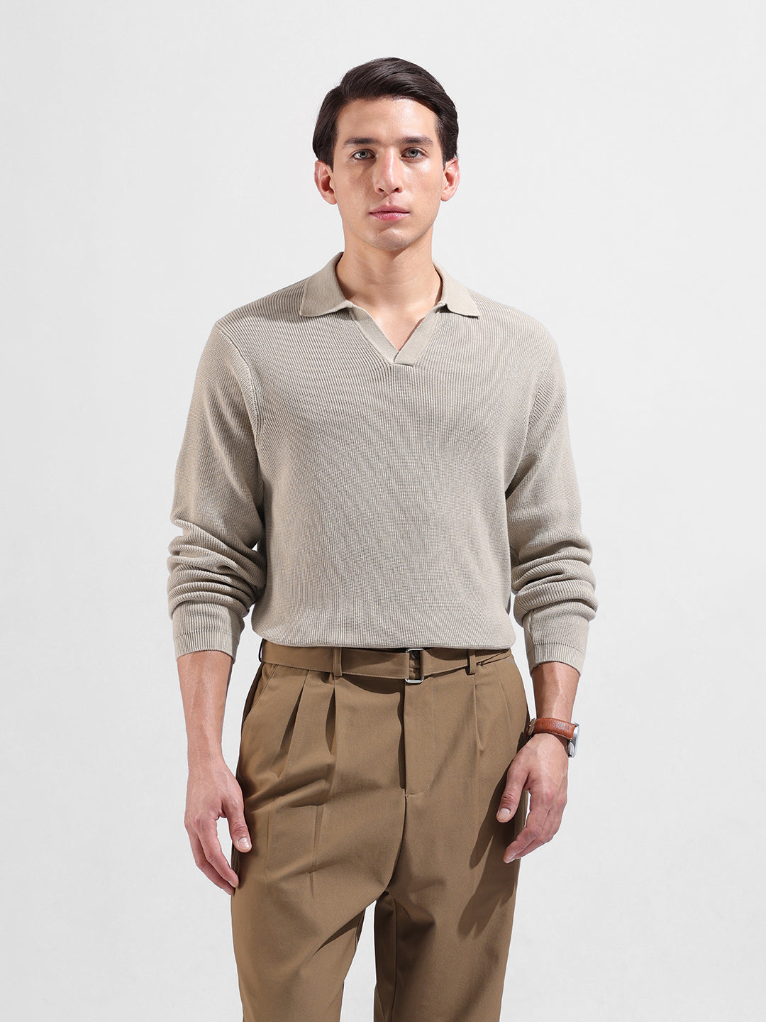 Men's Beige Slim Fit Striped Flat Knit Crew Neck T-Shirt