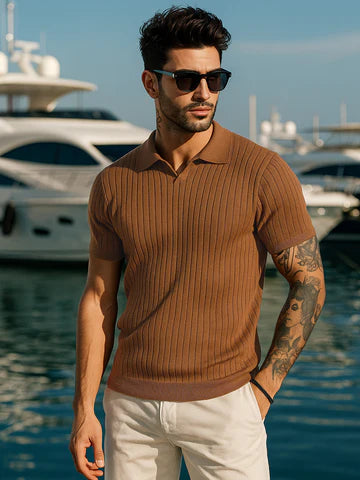 Brown Ribbed Flatknit Textured Regular Fit Exclusive Polo T-Shirt