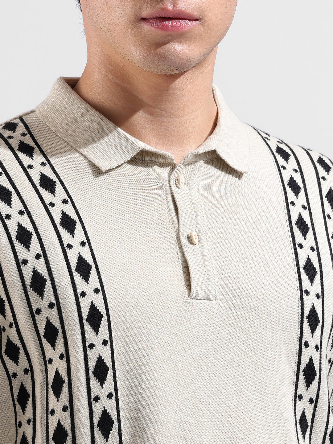 Men's Beige Oversized Fit Textured Flat Knit Polo Collar T-Shirt