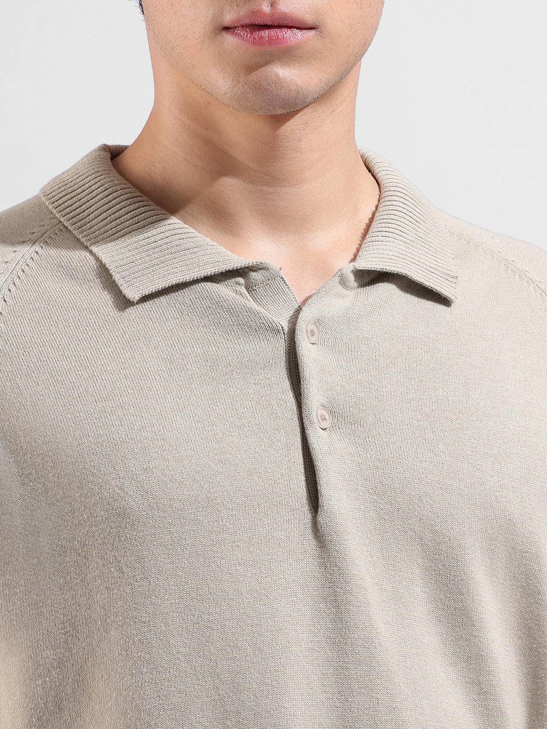Men's Beige Slim Fit Textured Flat Knit Polo Collar T-Shirt