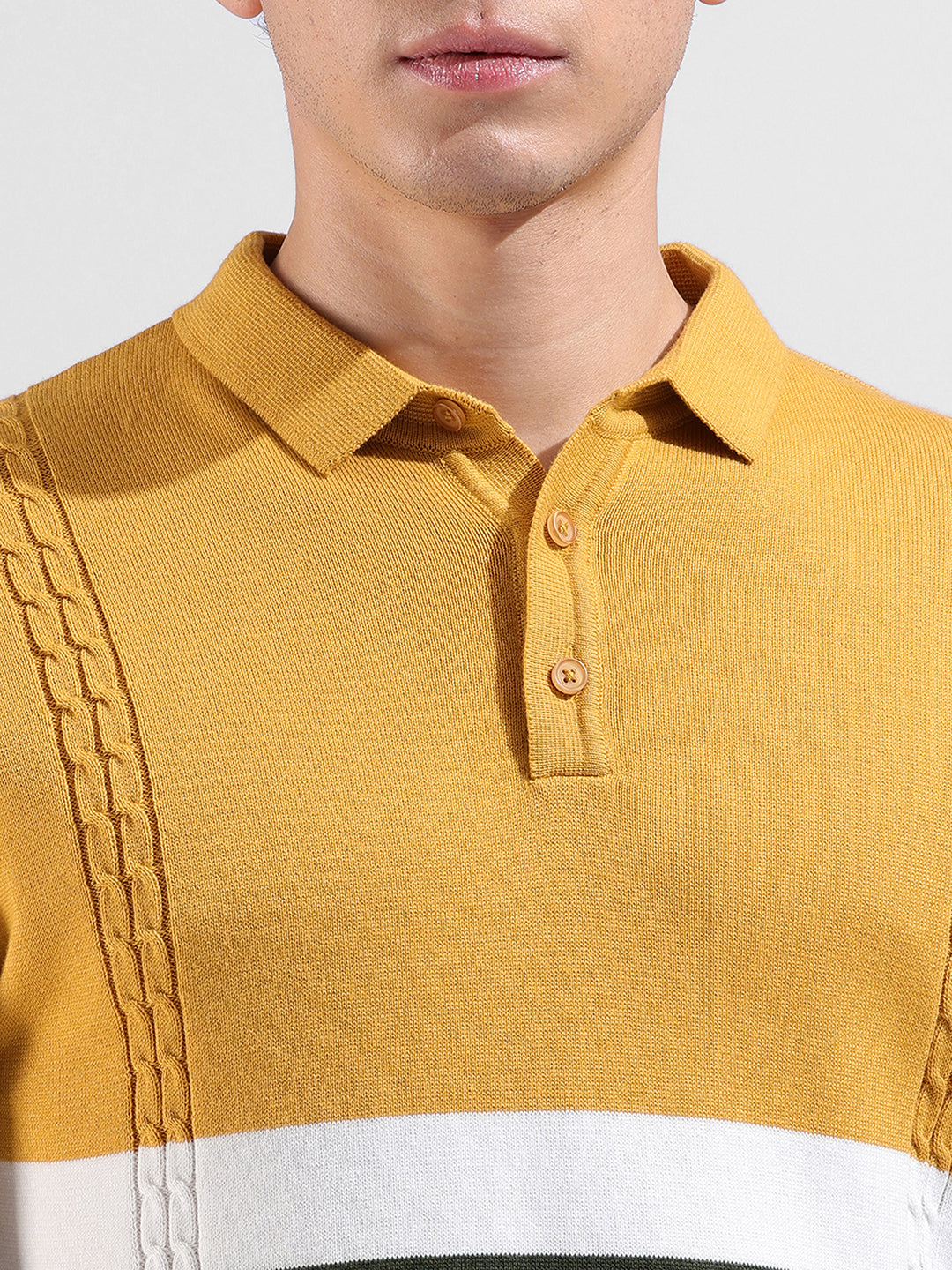 Men's Yellow Slim Fit Textured Flat Knit Polo Collar T-Shirt