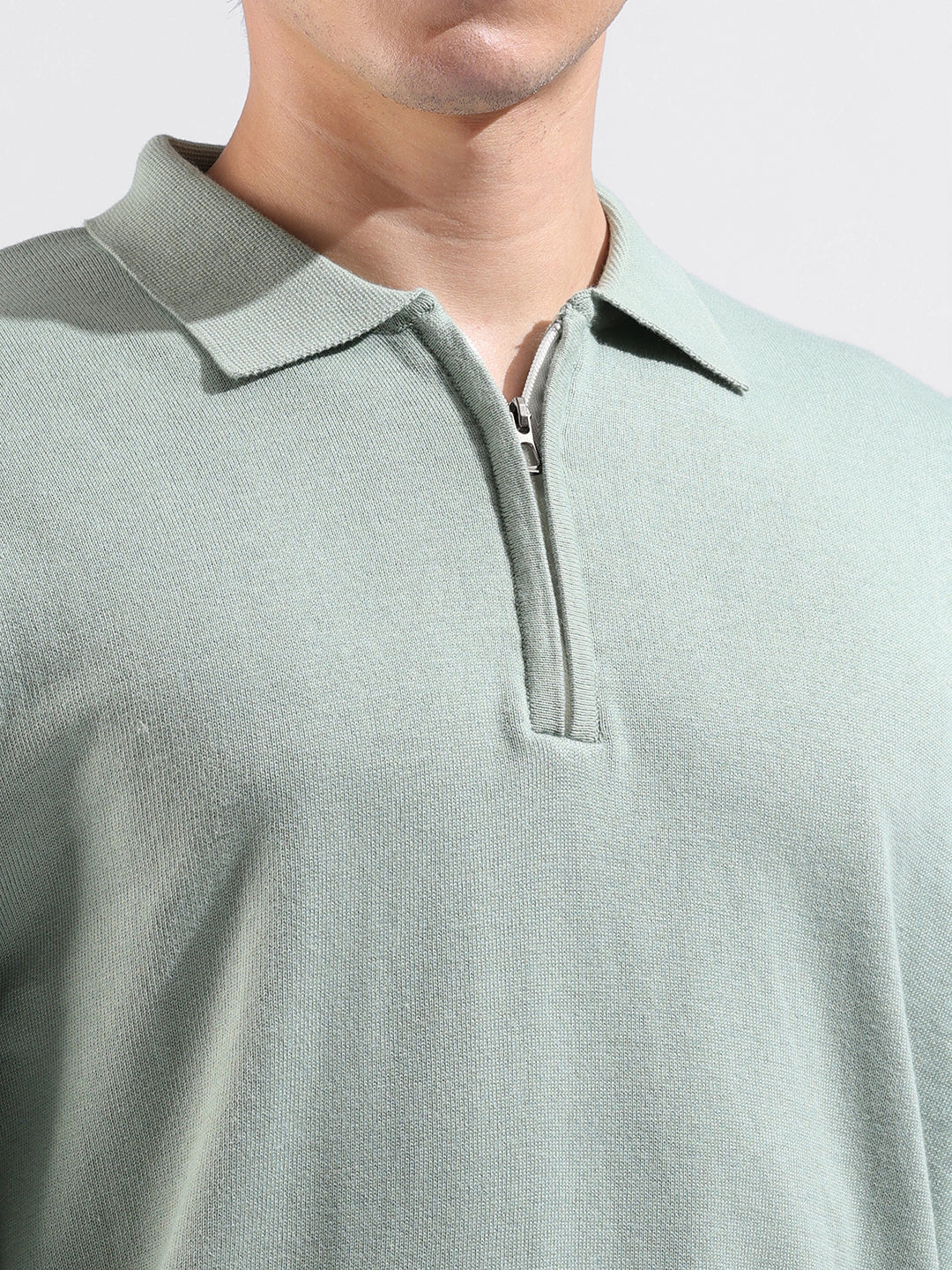 Men's Green Oversized Fit Textured Flat Knit Polo Collar T-Shirt