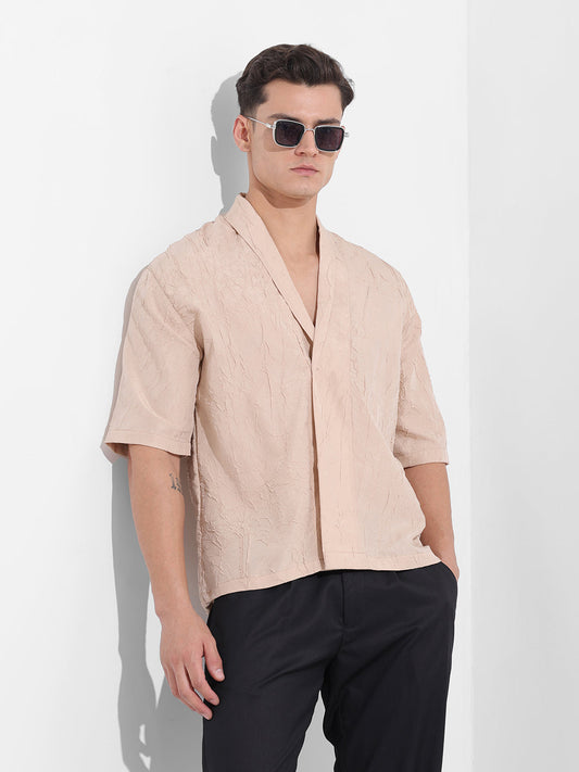 Men's Beige Relaxed Fit Textured Party Wear Shirt