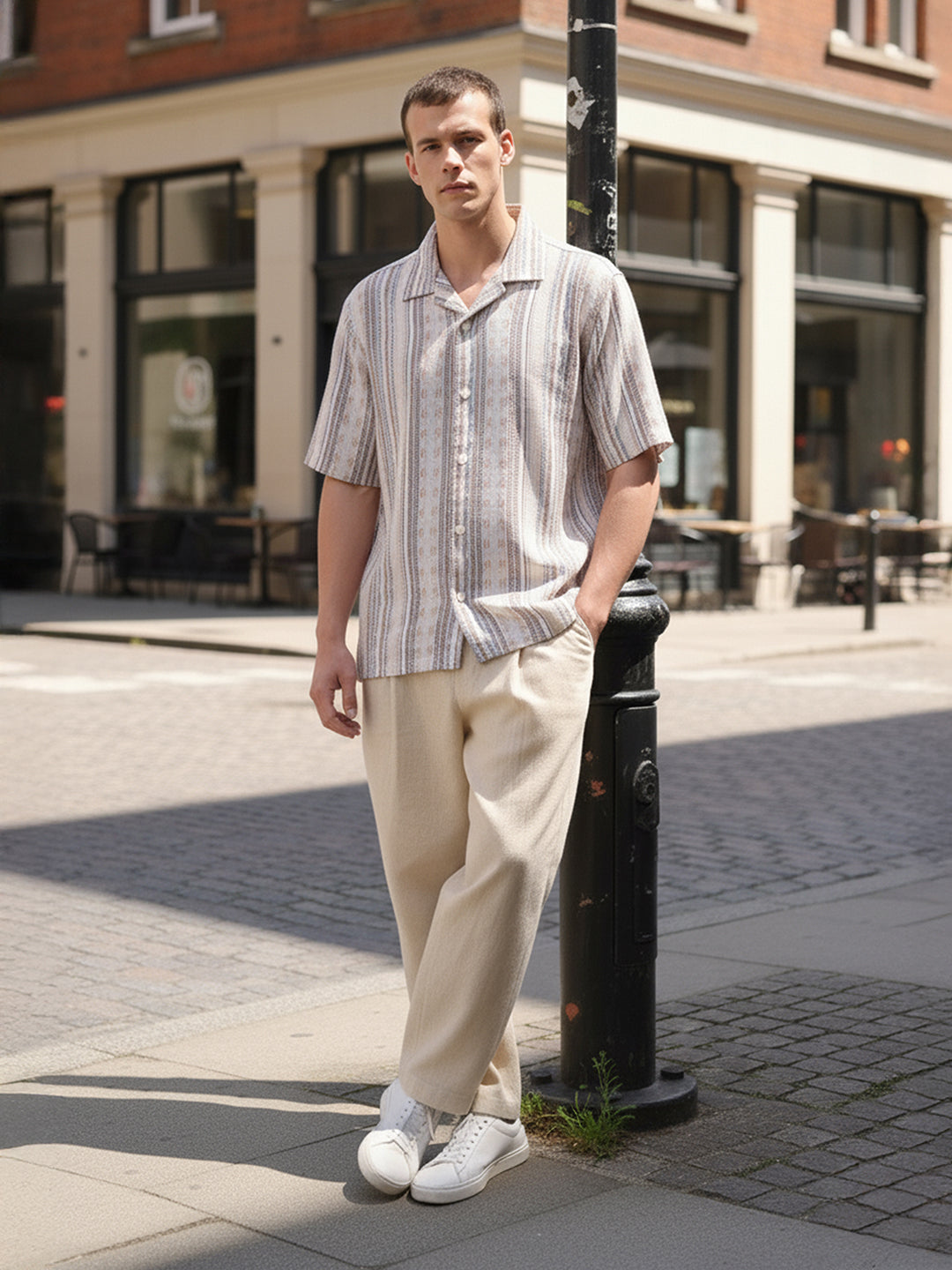 Men's Beige Relaxed Fit Striped Resort Wear Shirt