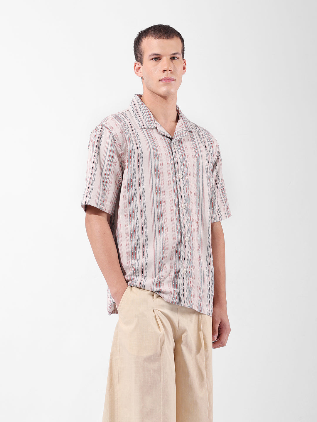 Men's Beige Relaxed Fit Striped Resort Wear Shirt