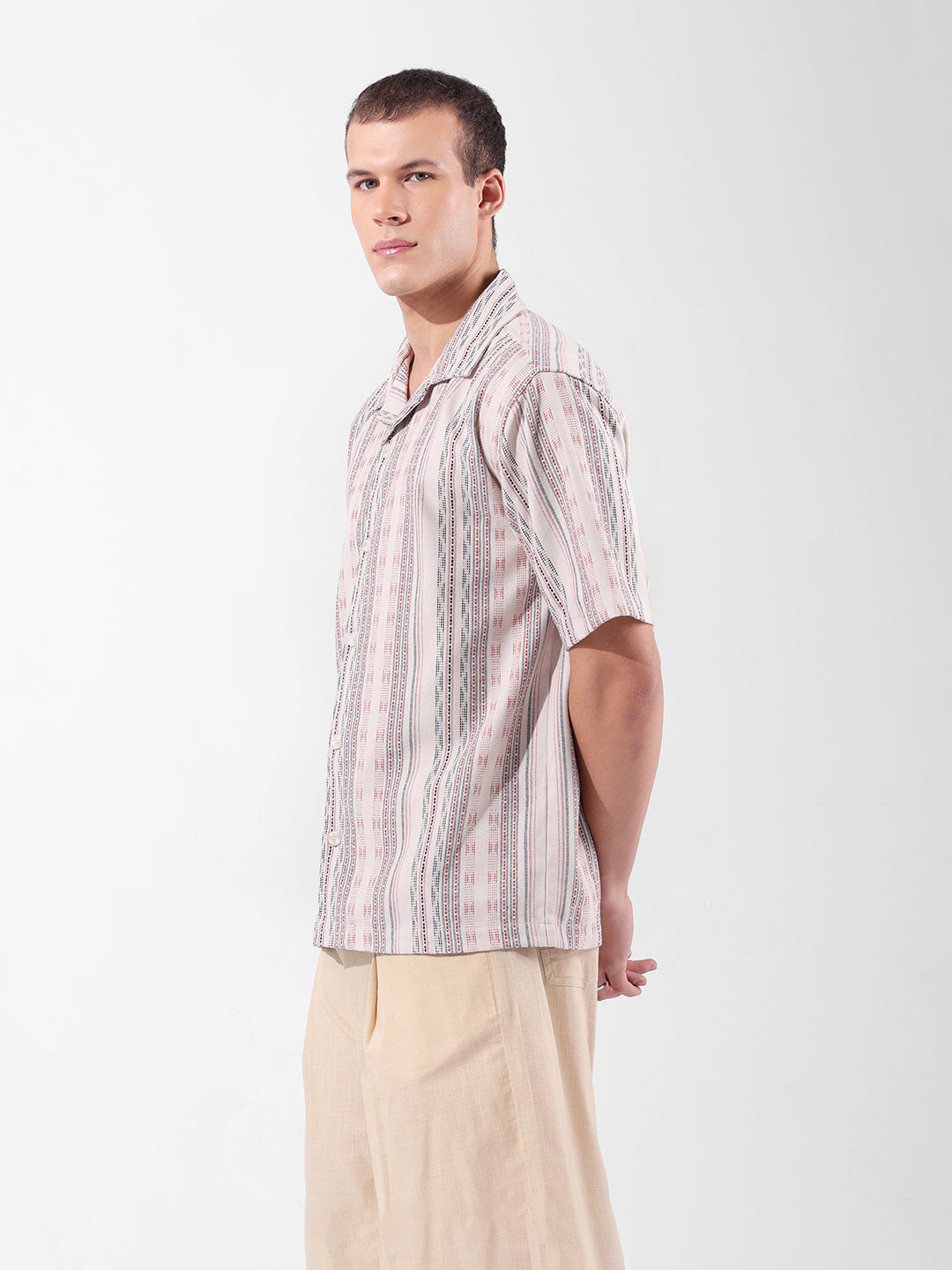 Men's Beige Relaxed Fit Striped Resort Wear Shirt