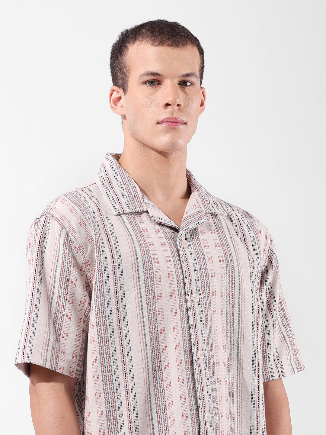Men's Beige Relaxed Fit Striped Resort Wear Shirt