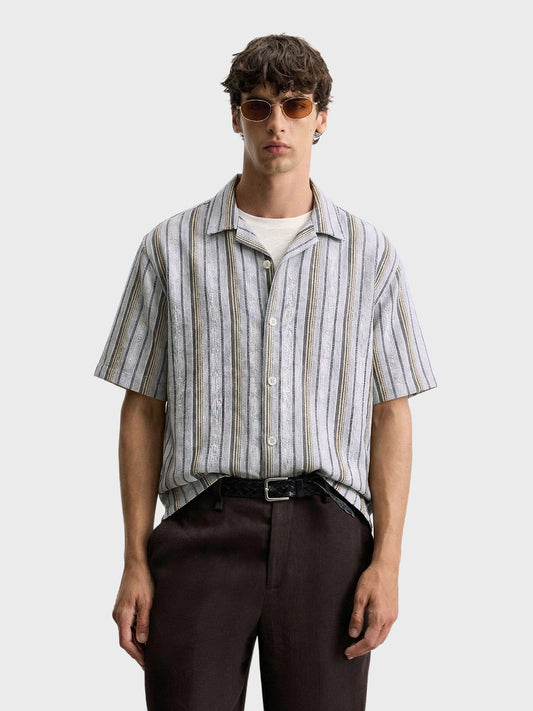 Men's Grey Relaxed Fit Striped Resort Wear Shirt