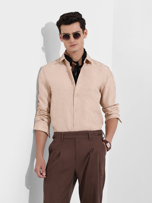 Men's Beige Slim Fit Textured Party Wear Shirt
