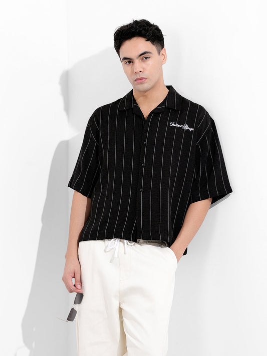Men's Black Boxy Fit Embroided  Casual Shirt