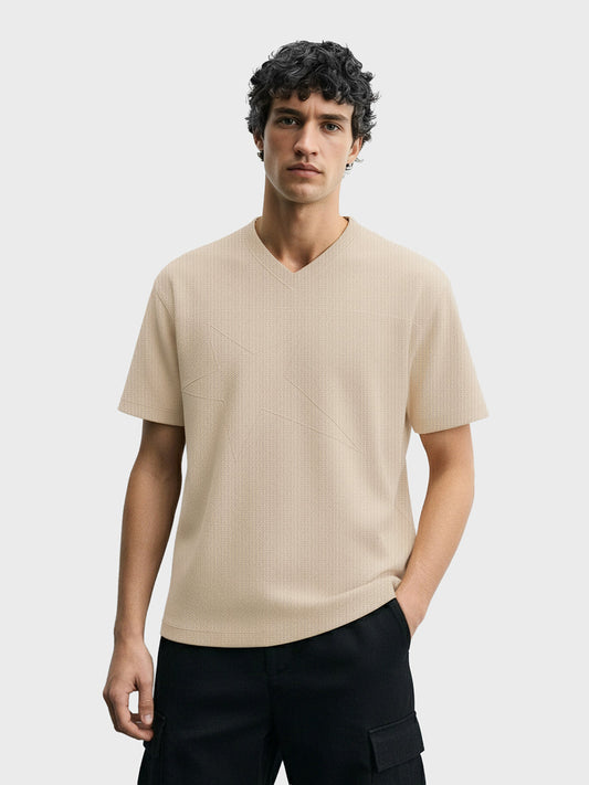Men's Beige Boxy Fit Textured Casual T-Shirt