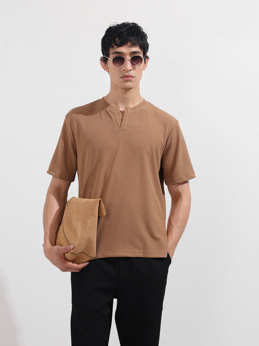 Men's Beige Boxy Fit Textured Casual T-Shirt