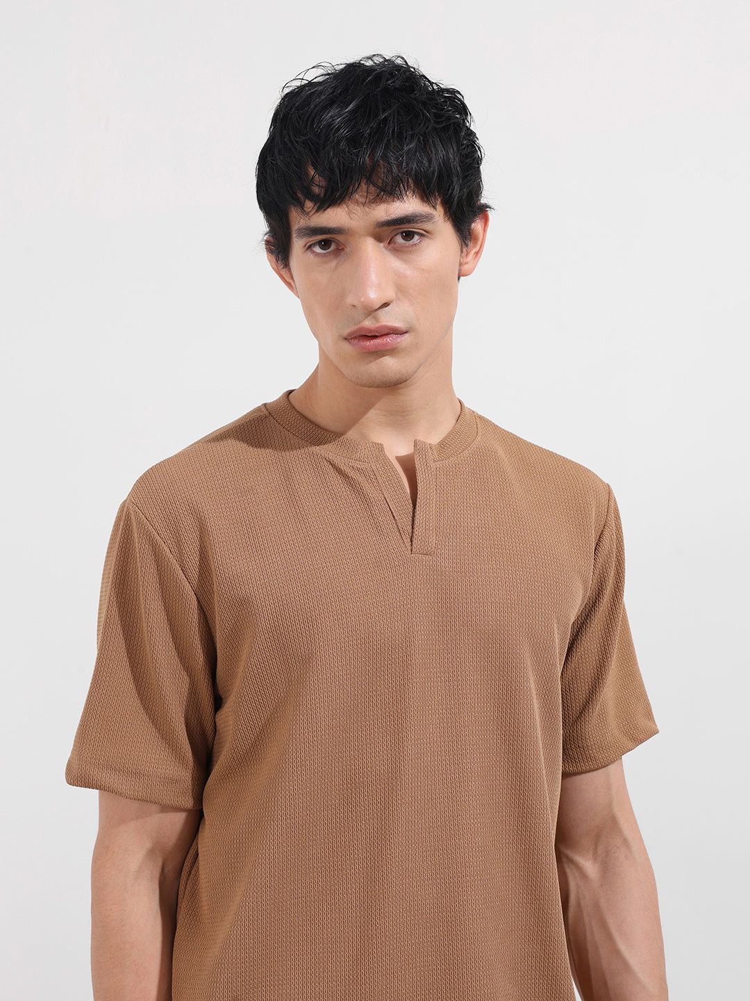 Men's Beige Boxy Fit Textured Casual T-Shirt