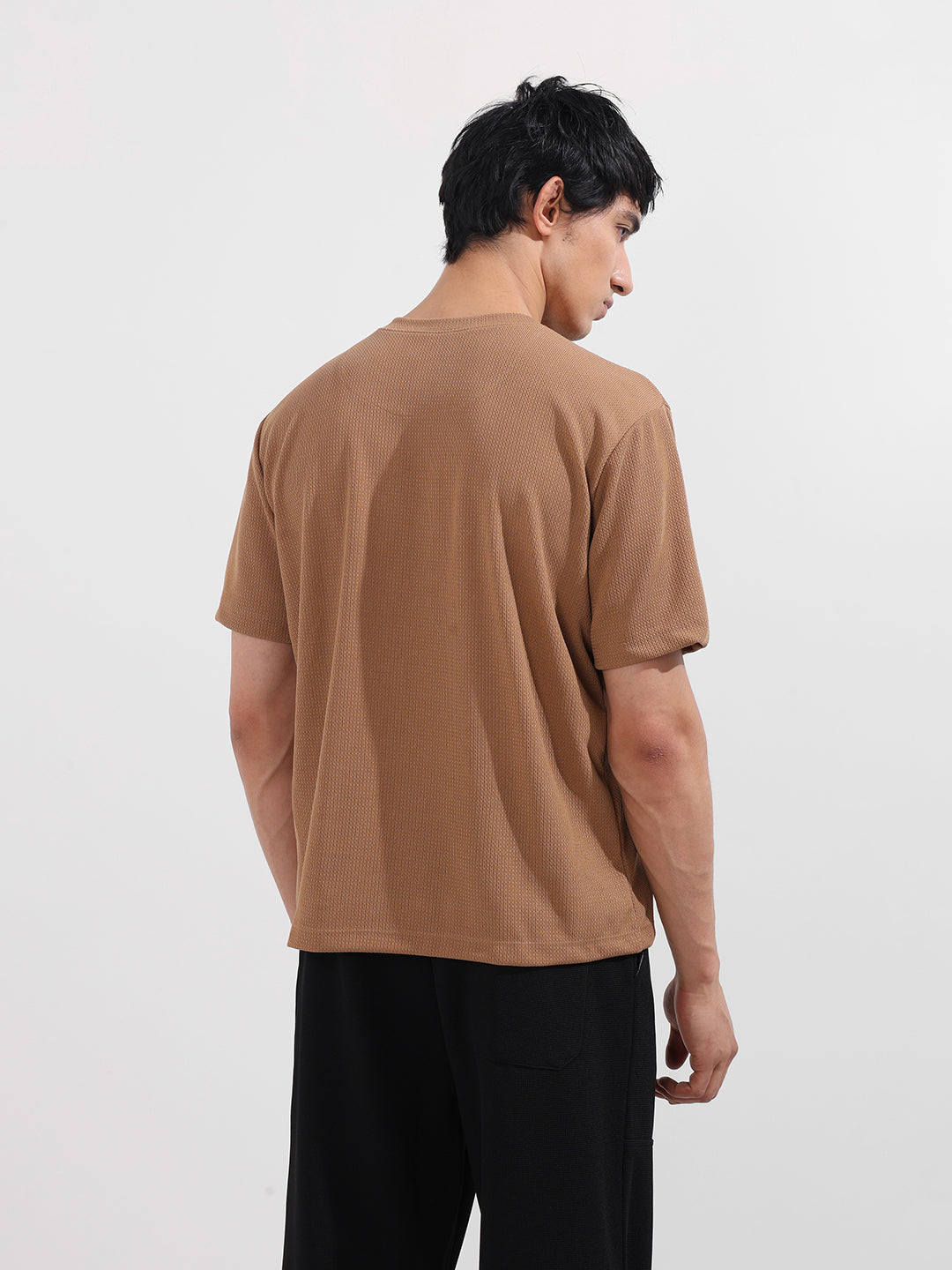 Men's Beige Boxy Fit Textured Casual T-Shirt