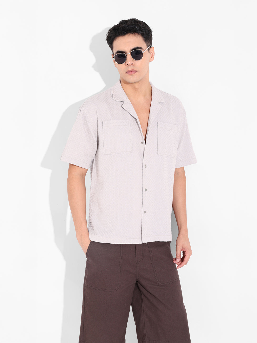 Men's Beige Relaxed Fit Geometric Print Resort Wear Shirt