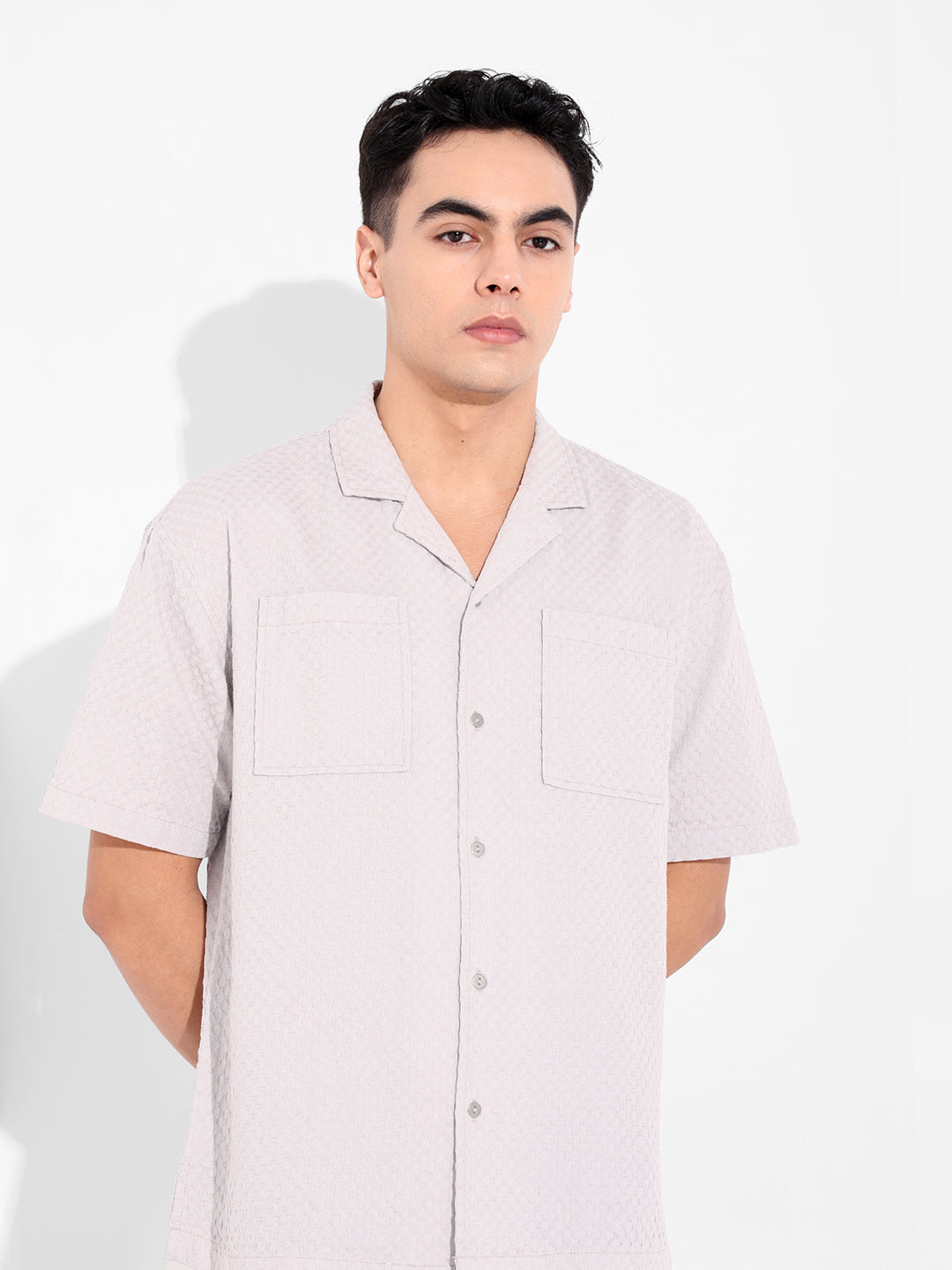 Men's Beige Relaxed Fit Geometric Print Resort Wear Shirt