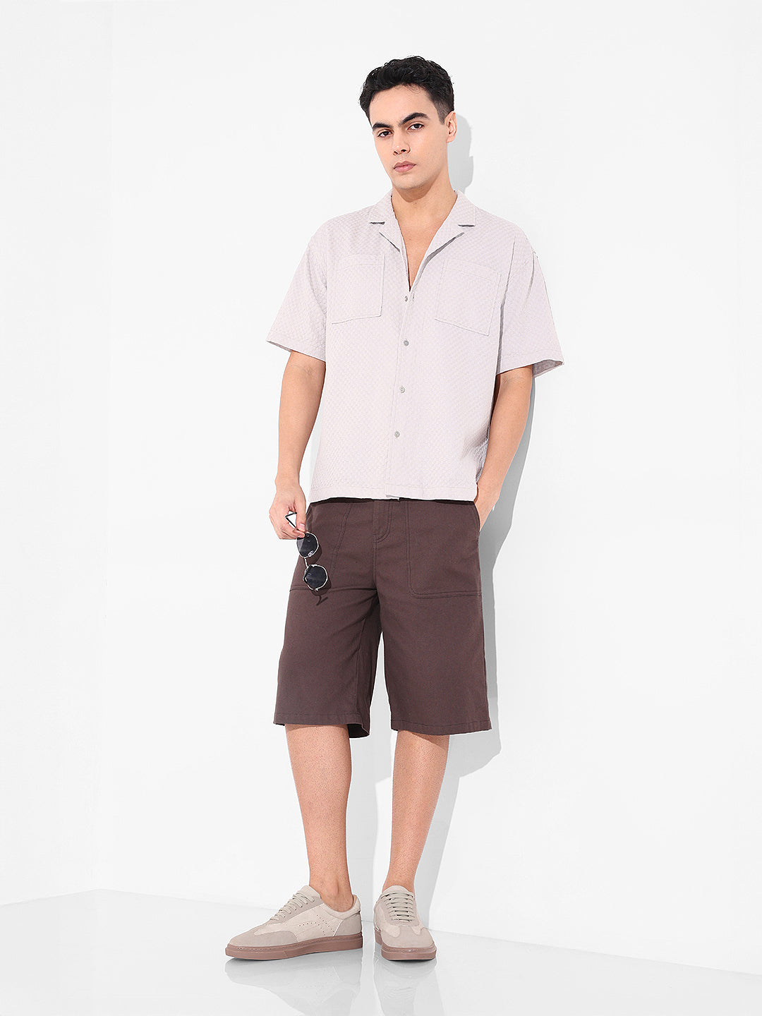 Men's Beige Relaxed Fit Geometric Print Resort Wear Shirt