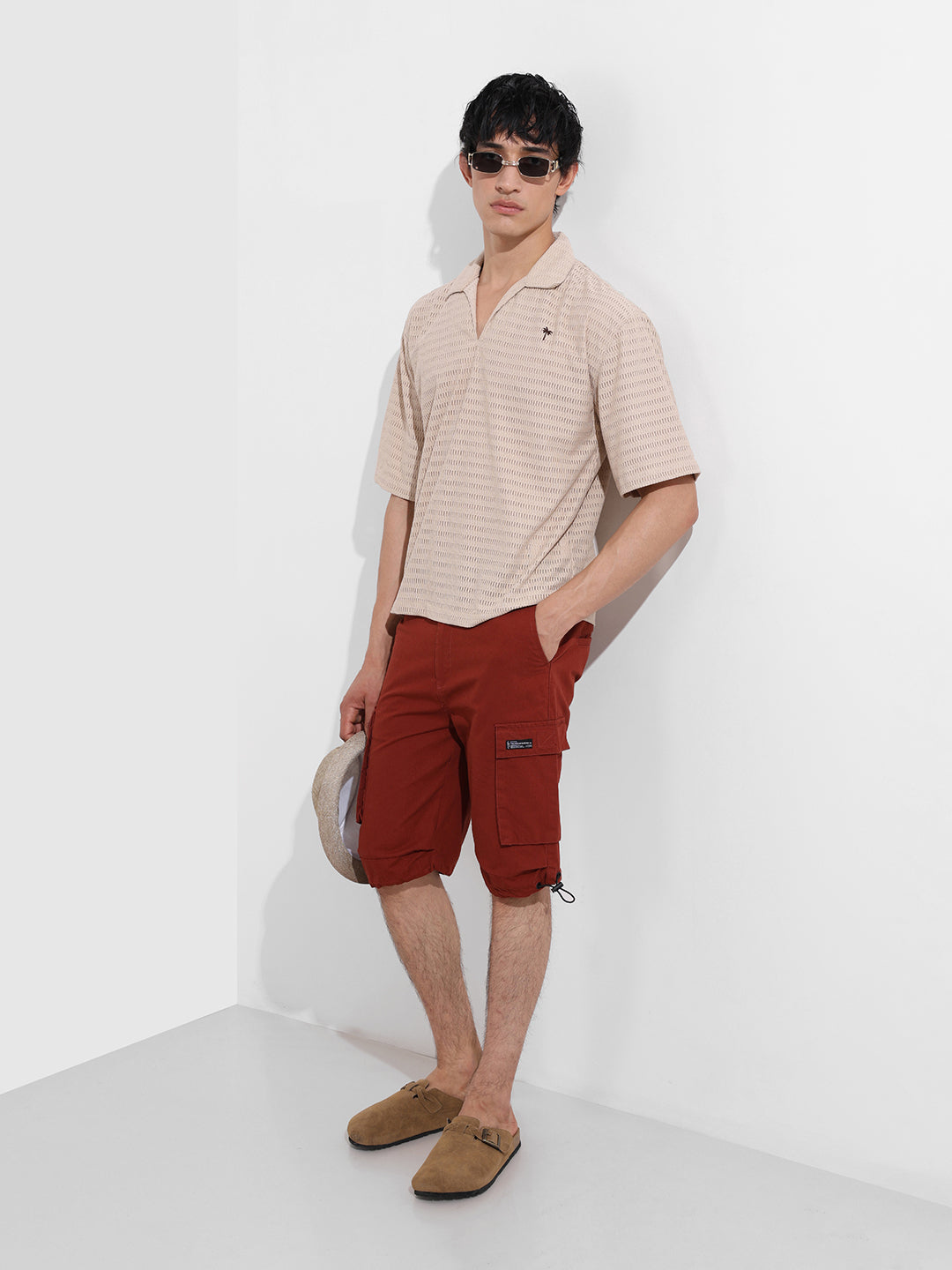 Men's Beige Oversized Fit Resort Wear Textured Shirt