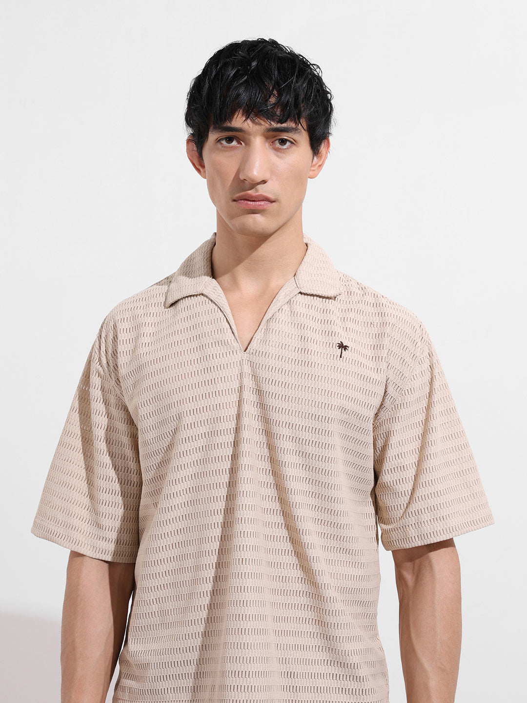 Men's Beige Oversized Fit Resort Wear Textured Shirt