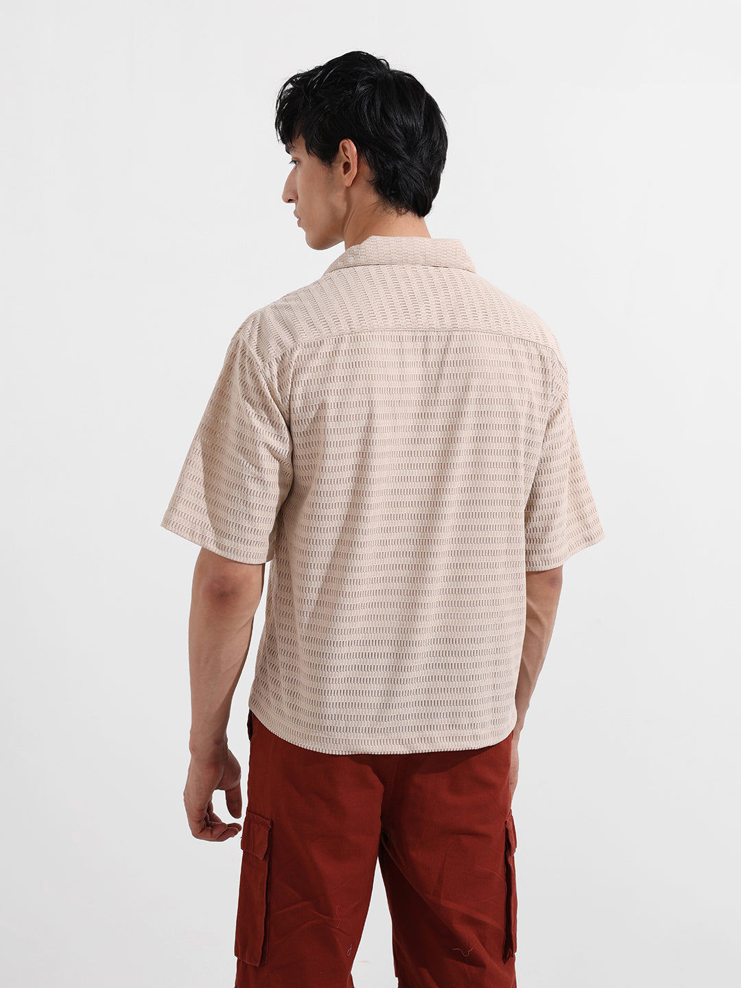 Men's Beige Oversized Fit Resort Wear Textured Shirt