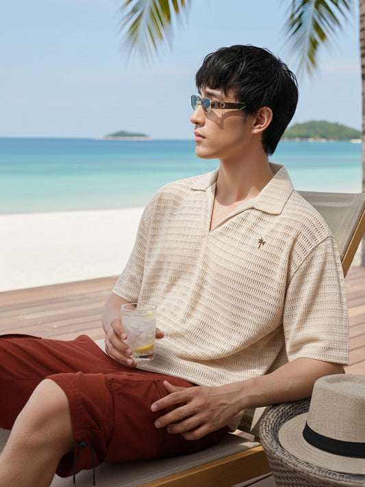 Men's Beige Oversized Fit Resort Wear Textured Shirt