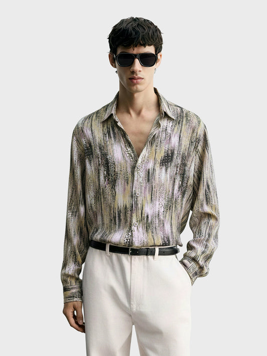 Men's Beige Slim Fit Party Wear Printed Shirt