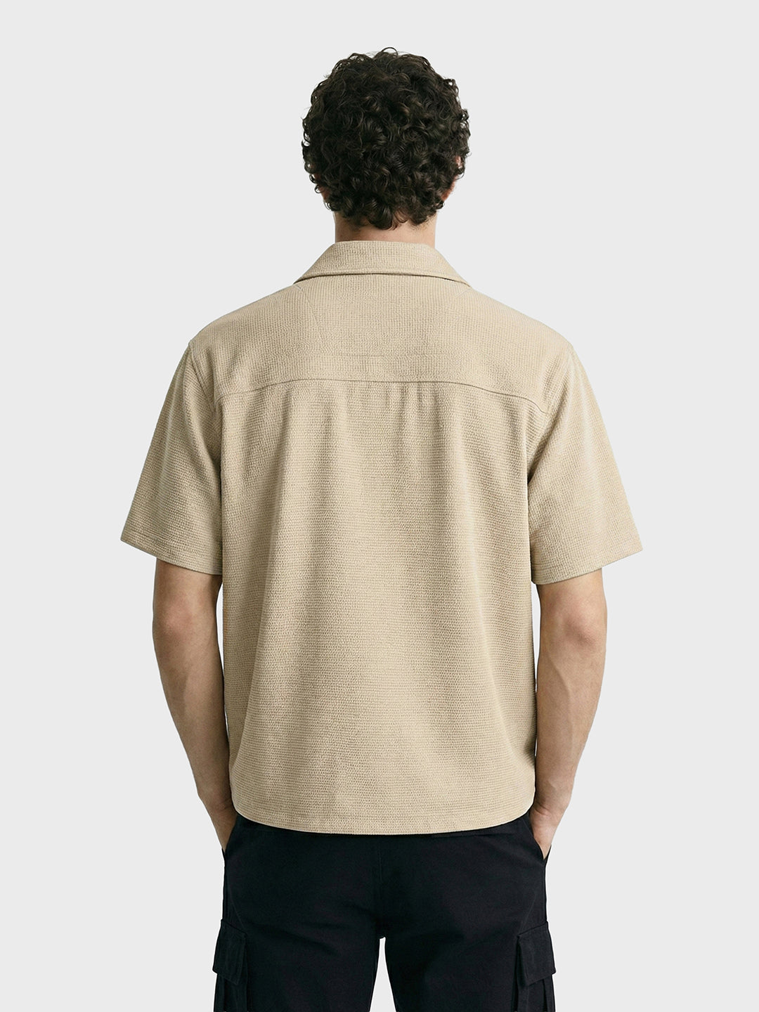Men's Beige Boxy Fit Textured Utility Shirt