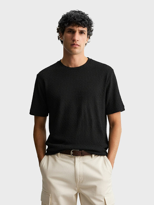 Men's Black Boxy Fit Textured Resort Wear T-Shirt