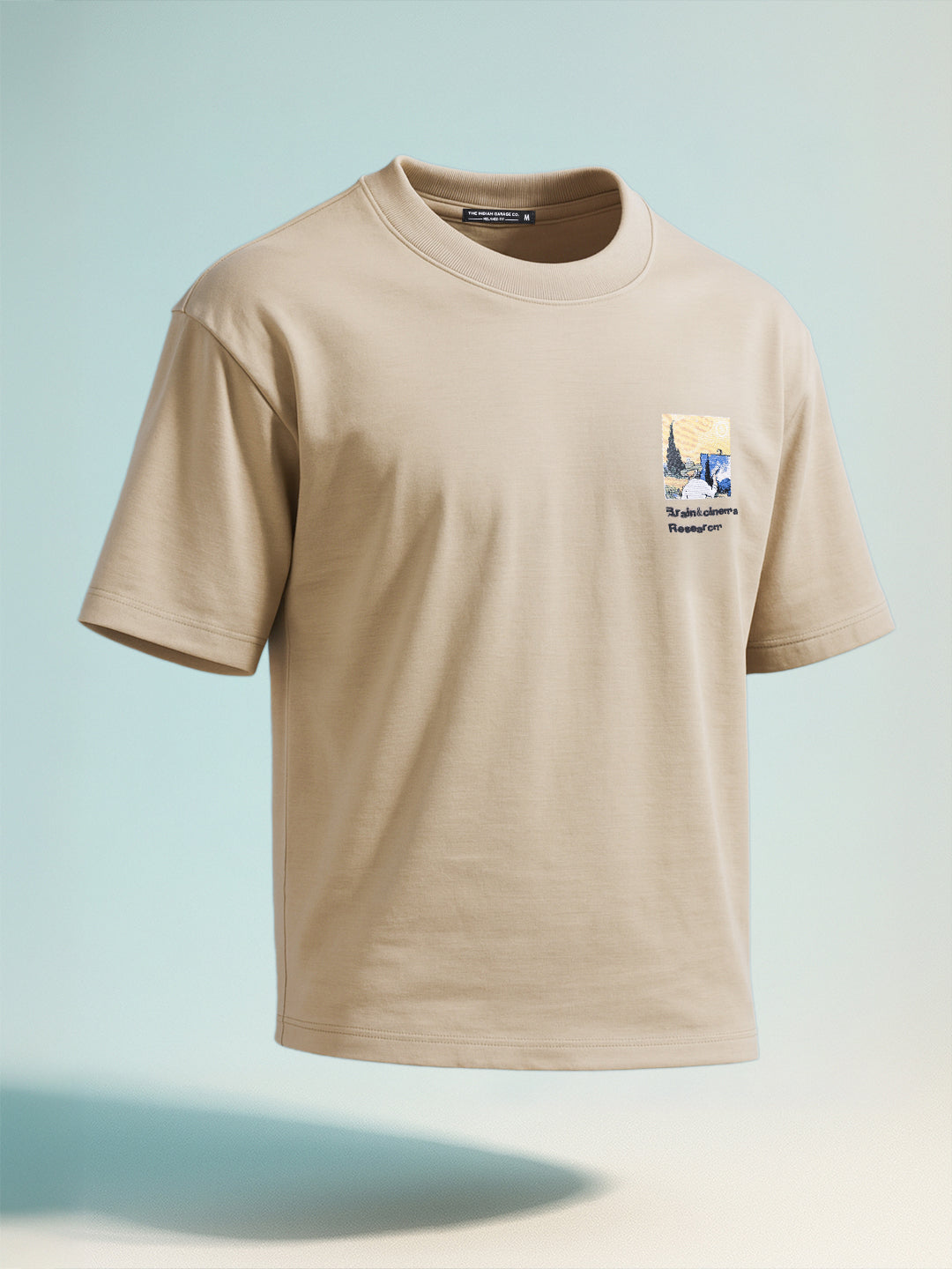 Men's Beige Relaxed Fit Embroided 240 GSM Casual T-Shirt