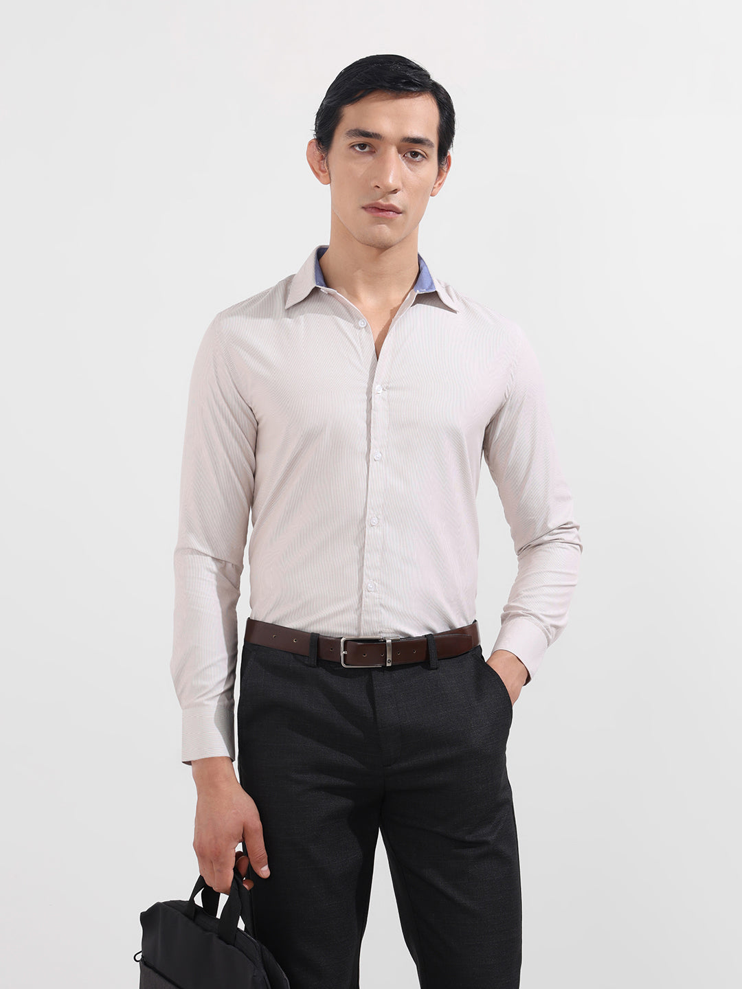 Men's Beige Slim Fit Striped Formal Shirt