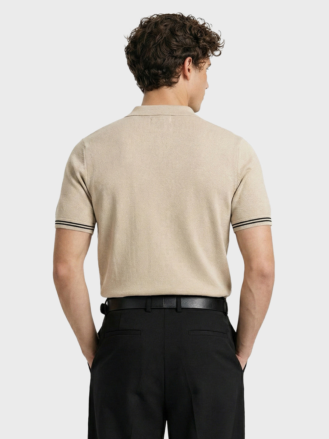 Men's Beige Slim Fit Solid Flat Knit Polo Collar T-Shirt