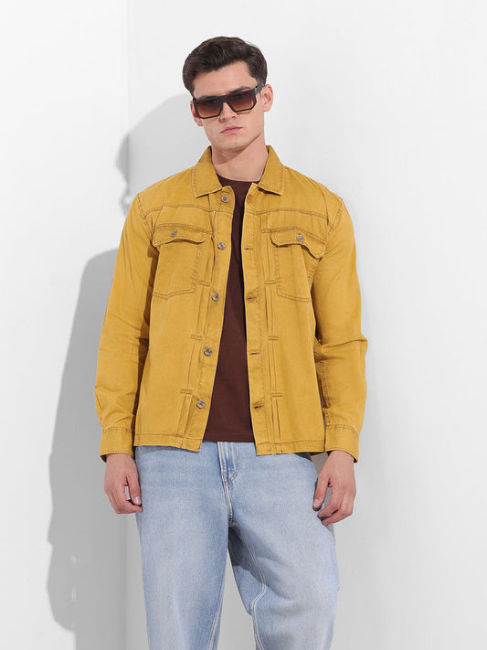 Men's Yellow Regular Fit Solid Vintage Shirt