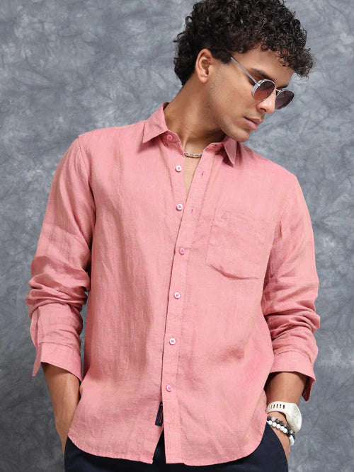 Men’s Peach Solid Casual Shirt – Premium Cotton Slim Fit Full Sleeve