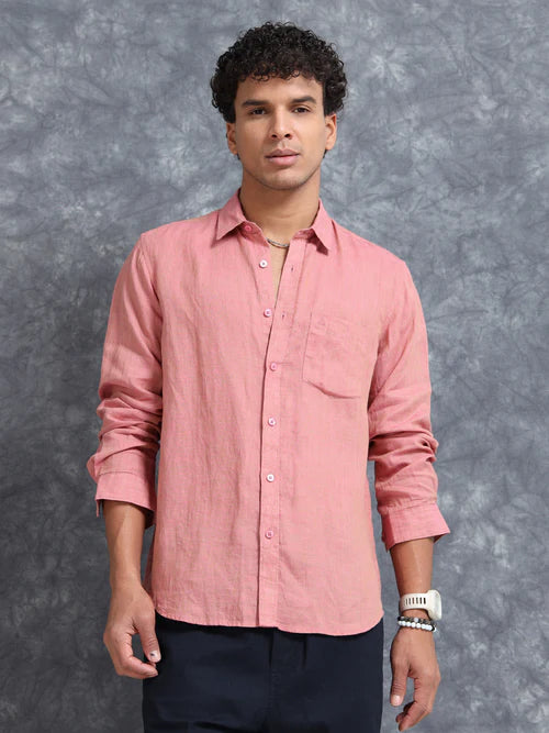 Men’s Peach Solid Casual Shirt – Premium Cotton Slim Fit Full Sleeve