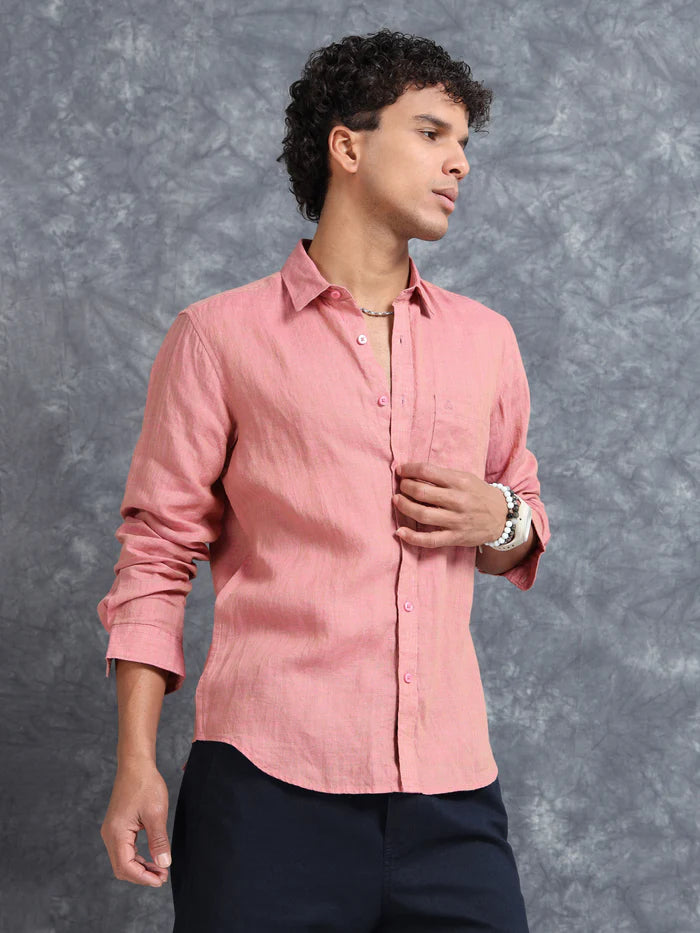 Men’s Peach Solid Casual Shirt – Premium Cotton Slim Fit Full Sleeve