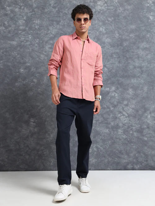 Men’s Peach Solid Casual Shirt – Premium Cotton Slim Fit Full Sleeve