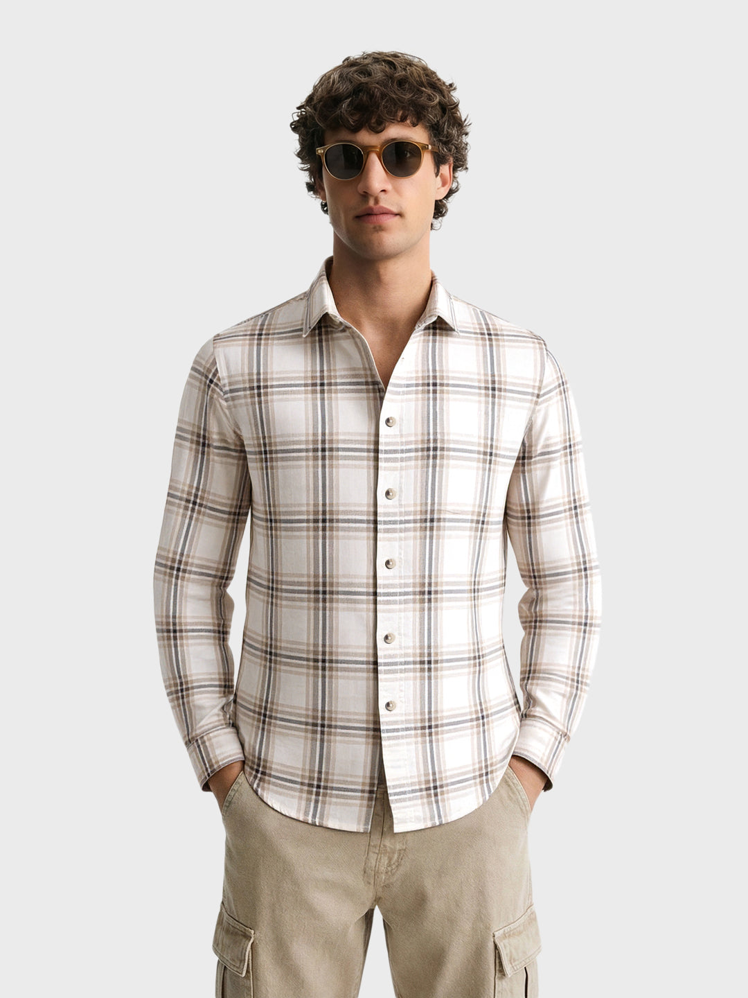 Men's Cream Slim Fit Checked Casual Shirt