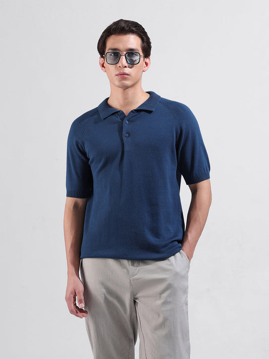 Men's Teal Slim Fit Textured Flat Knit Polo Collar T-Shirt