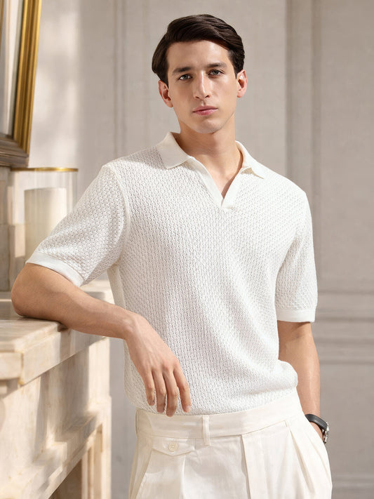 Men's White Slim Fit Textured Flat Knit Polo Collar T-Shirt
