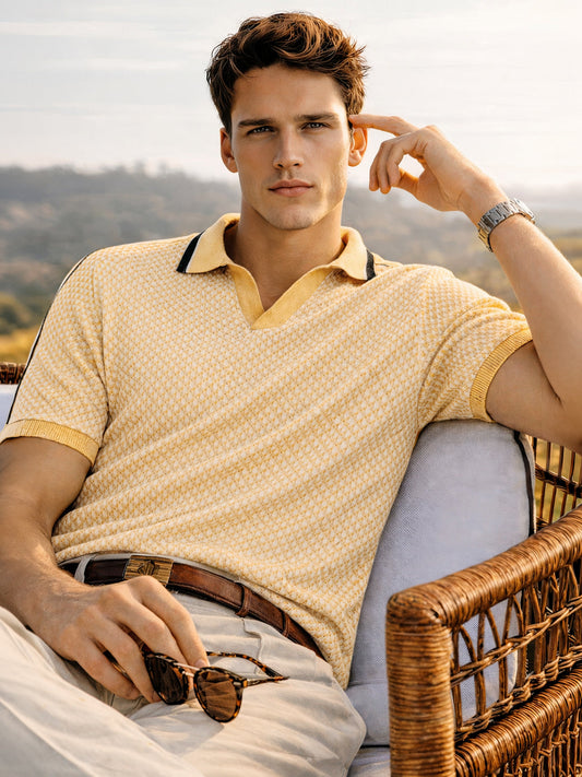 Men's Yellow Slim Fit Textured Flat Knit Polo Neck T-Shirt
