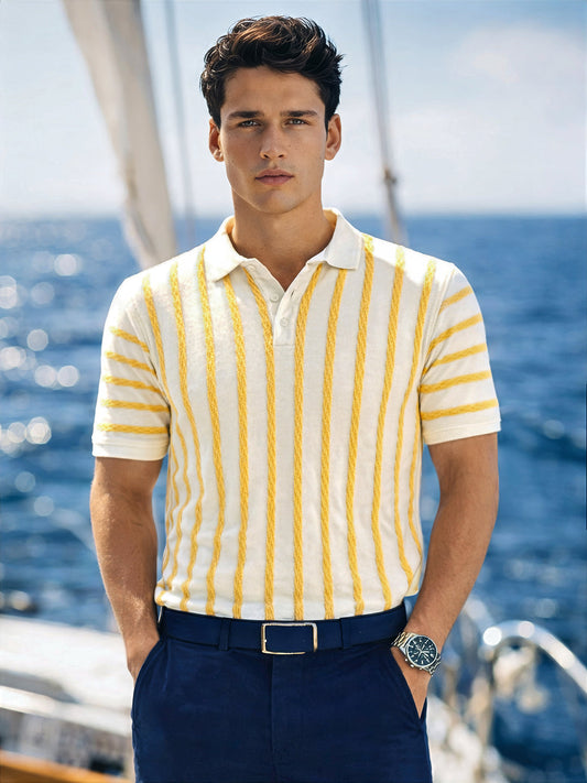 Men's White Slim Fit Textured Flat Knit Polo Collar T-Shirt