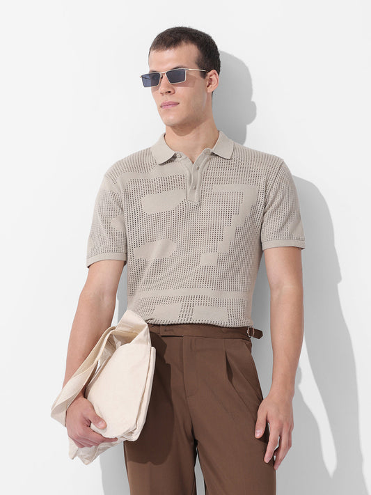 Men's Beige Slim Fit Textured Flat Knit Polo Collar T-Shirt