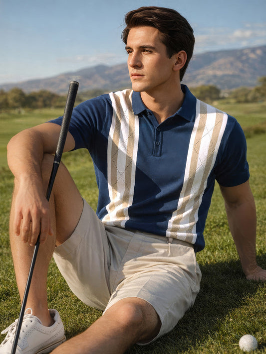 Men's Blue Slim Fit Textured Flat Knit Polo Collar T-Shirt